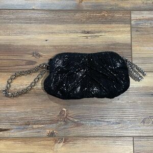 White House Black Market Faux Croc & Chain Wrist Clutch Black Small Evening Bag